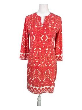 Coolibar XS Oceanside Tunic Dress Coral White 3/4 Sleeve UPF 50+ Sun Protection